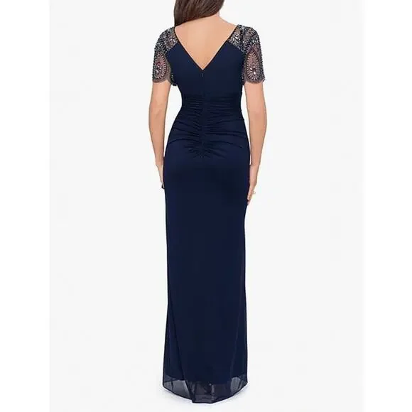 Xscape Short Beaded Sheer Flutter Sleeve Cascading Draped Waist Beaded Gown 12